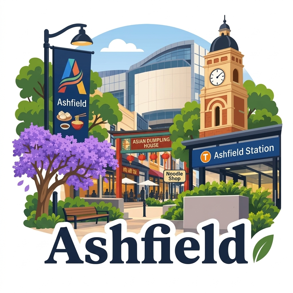 Ashfield daytime vector landmark emblem featuring Liverpool Road Asian dining strip, dumpling houses, heritage clock tower, Sydney Trains station entrance, and blooming jacarandas