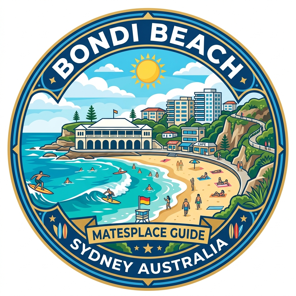 Bondi daytime vector landmark emblem featuring Bondi Icebergs ocean pool, Pavilion arches, coastal walk, and surf lifesaver tower