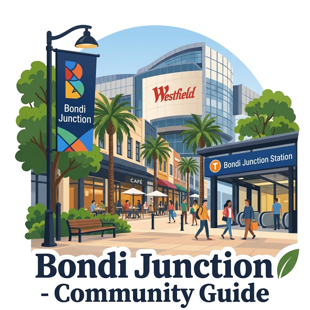 Bondi Junction daytime vector landmark emblem featuring modern Westfield curved glass towers, Oxford Street pedestrian mall, and Bondi Junction station entrance
