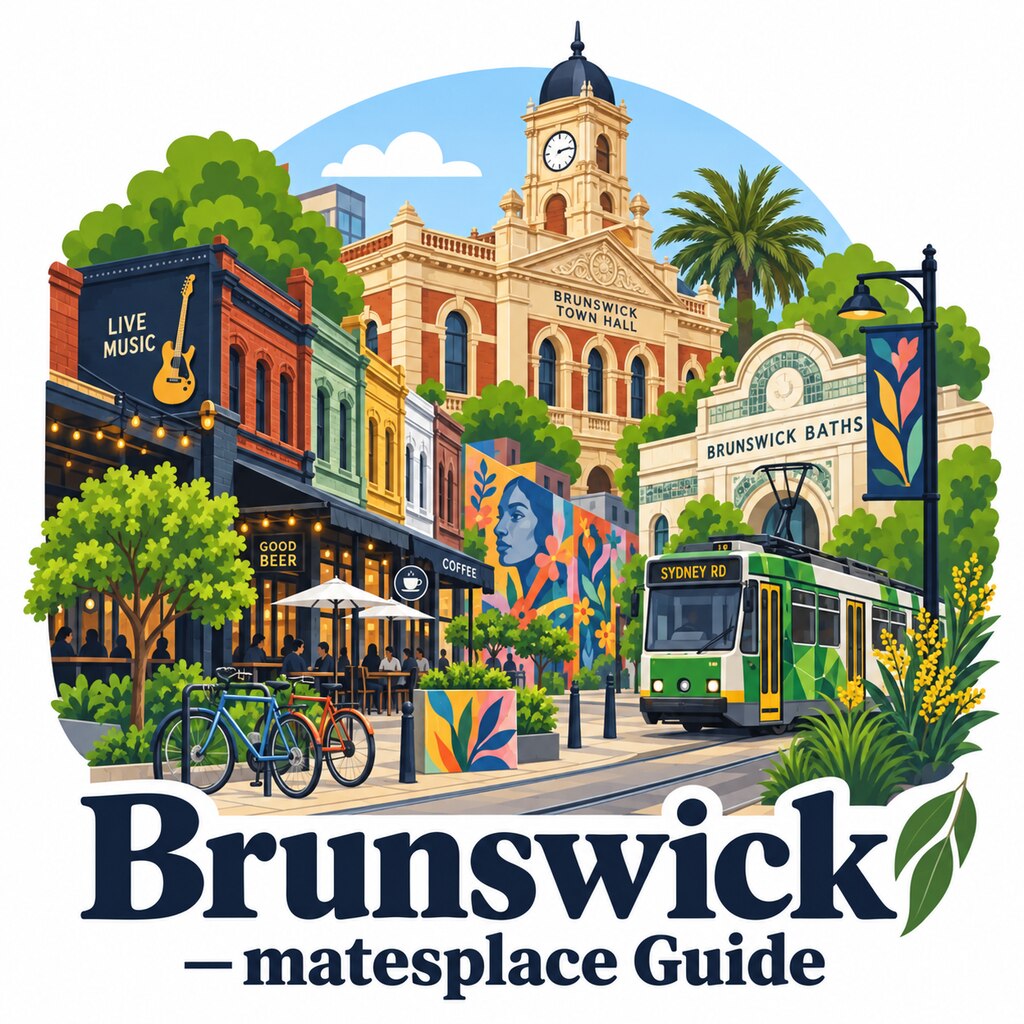 Brunswick, Victoria daytime illustrated suburb emblem with Sydney Road, Brunswick Town Hall, Brunswick Baths, Live music