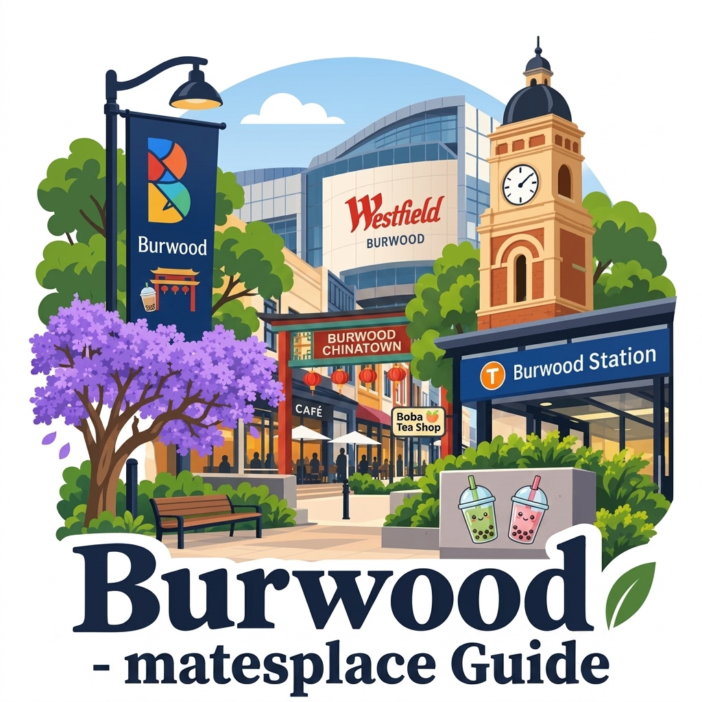 Burwood daytime vector landmark emblem featuring Westfield, Chinatown arch, Burwood Station, clock tower, boba shop, and blooming jacarandas