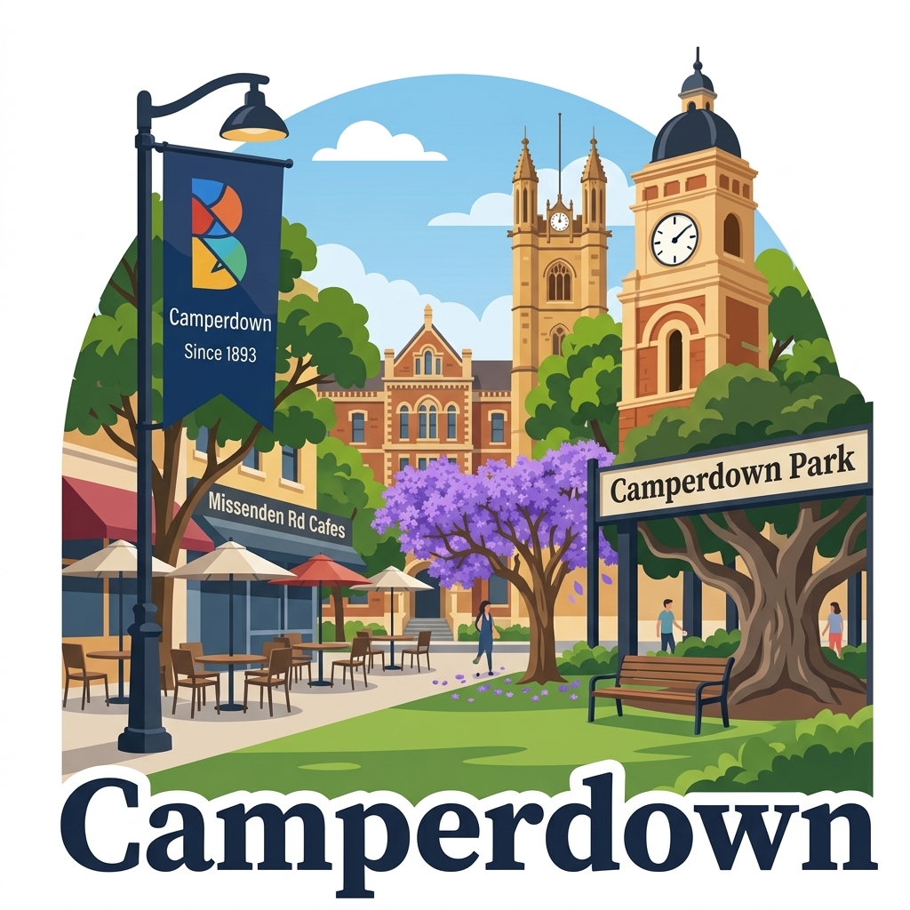 Camperdown daytime vector landmark emblem featuring University of Sydney sandstone Quadrangle clock tower, Camperdown Park, and Missenden Road cafes