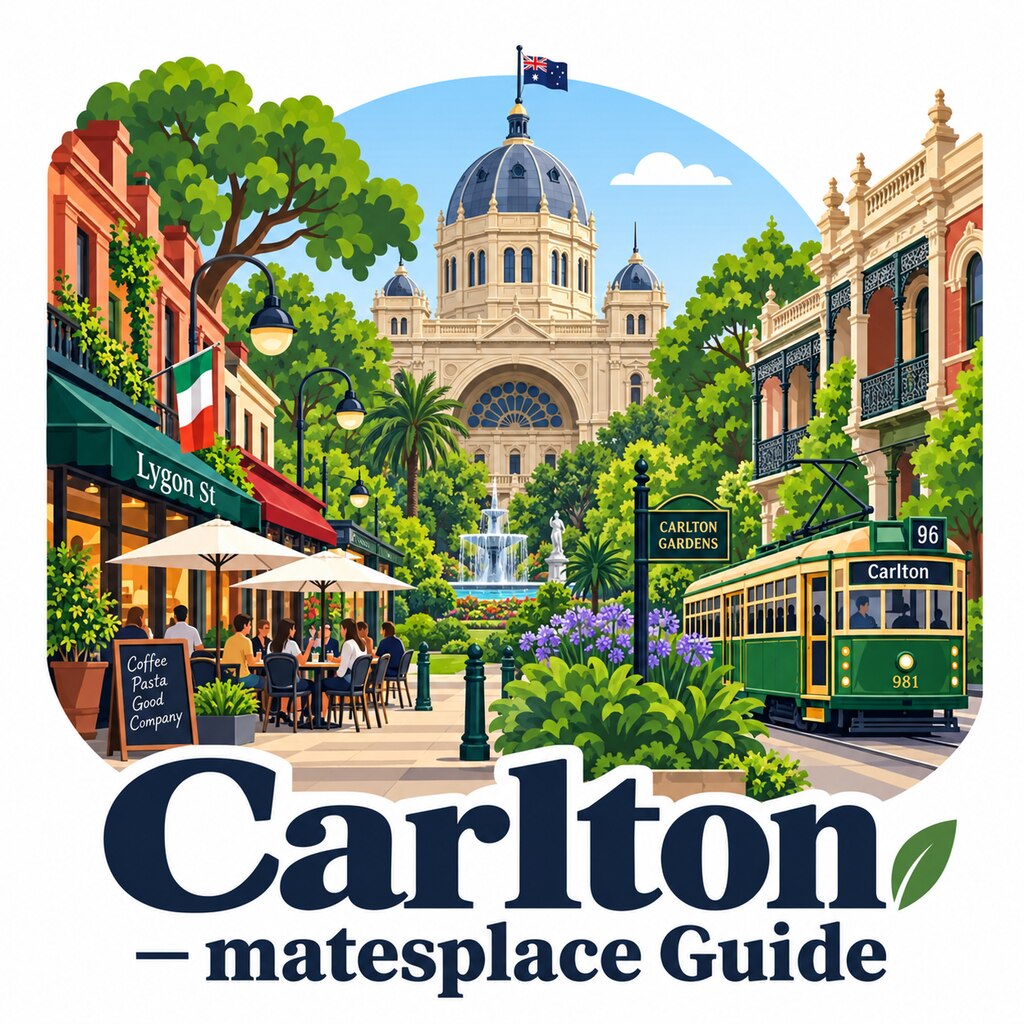 Carlton, Victoria daytime illustrated suburb emblem with Royal Exhibition Building, Carlton Gardens, Lygon Street, Victorian terraces