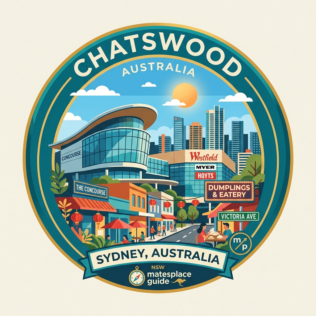 Chatswood daytime vector landmark emblem featuring The Concourse concert hall, Chatswood Interchange, and Victoria Avenue mall