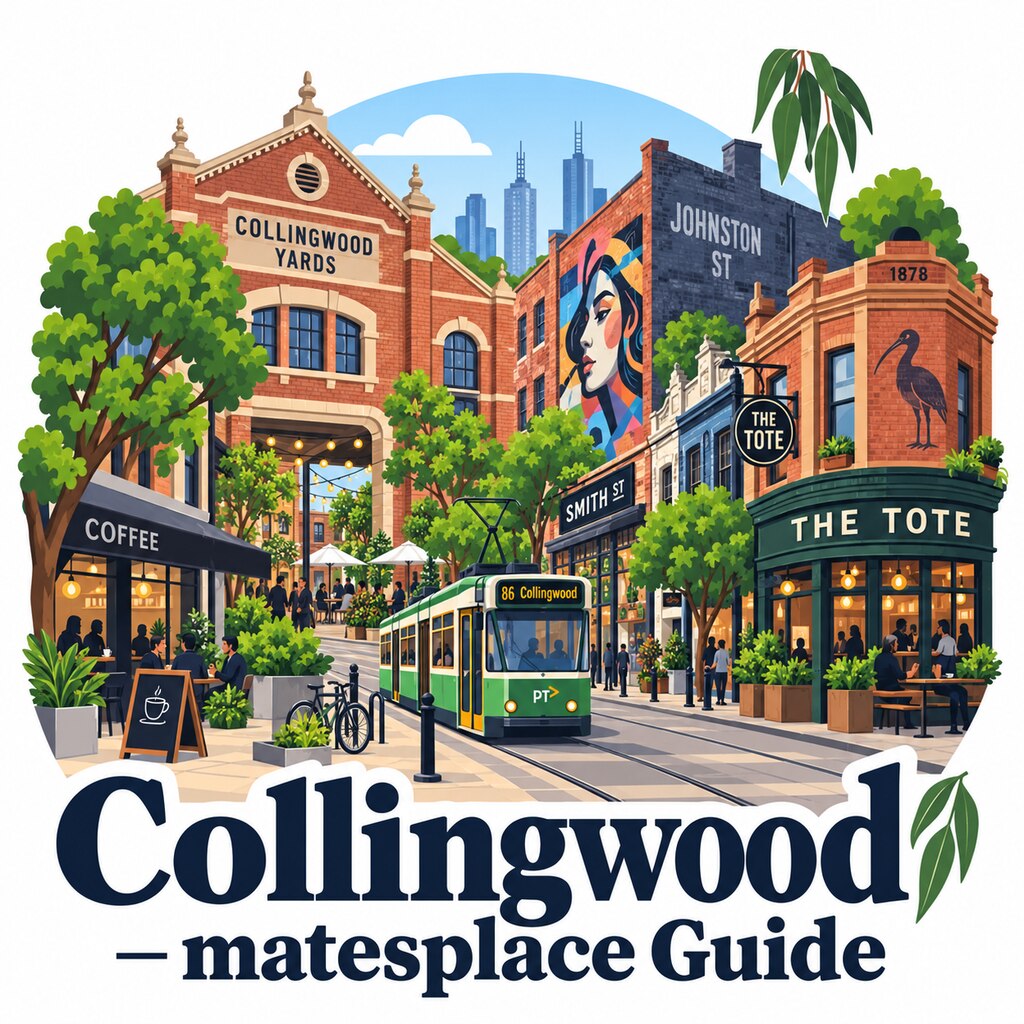 Collingwood, Victoria daytime illustrated suburb emblem with Collingwood Yards, Smith Street, Johnston Street, The Tote