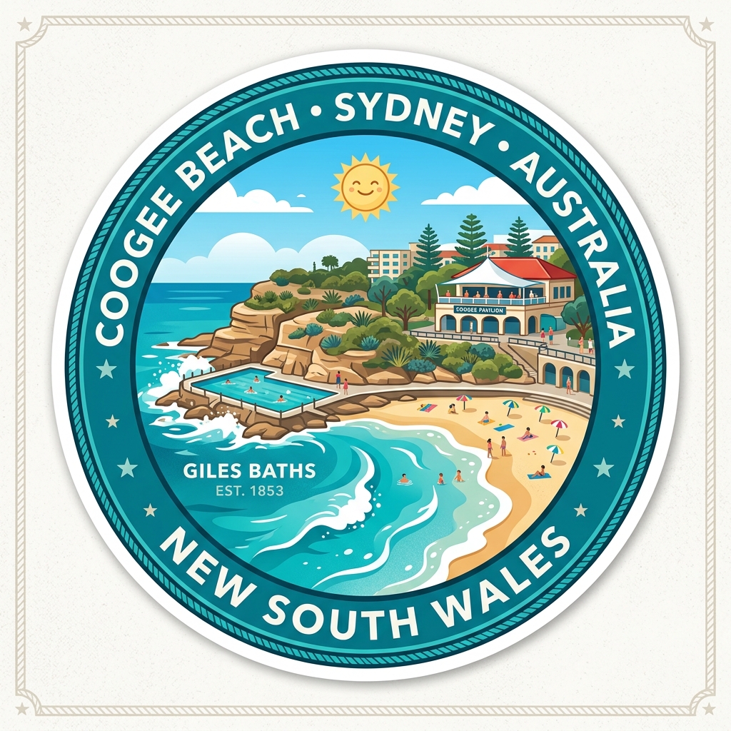 Coogee Beach daytime vector landmark emblem featuring turquoise ocean bay, Giles Baths natural rock pool, and Coogee Pavilion rooftop