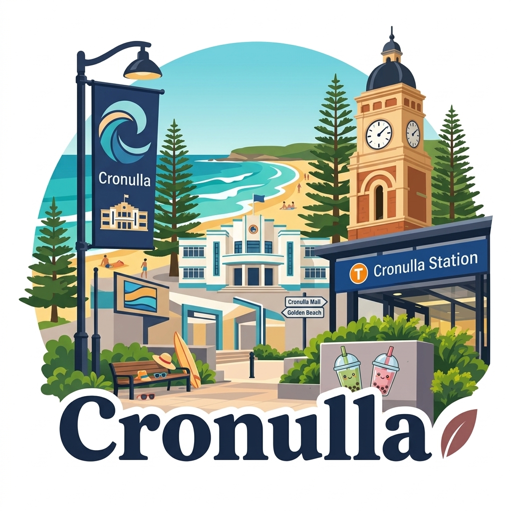 Cronulla daytime vector landmark emblem featuring art deco Cronulla Surf Life Saving Club pavilion, coastal boardwalk, Norfolk Island pines, ocean surf break, and Sydney Trains station