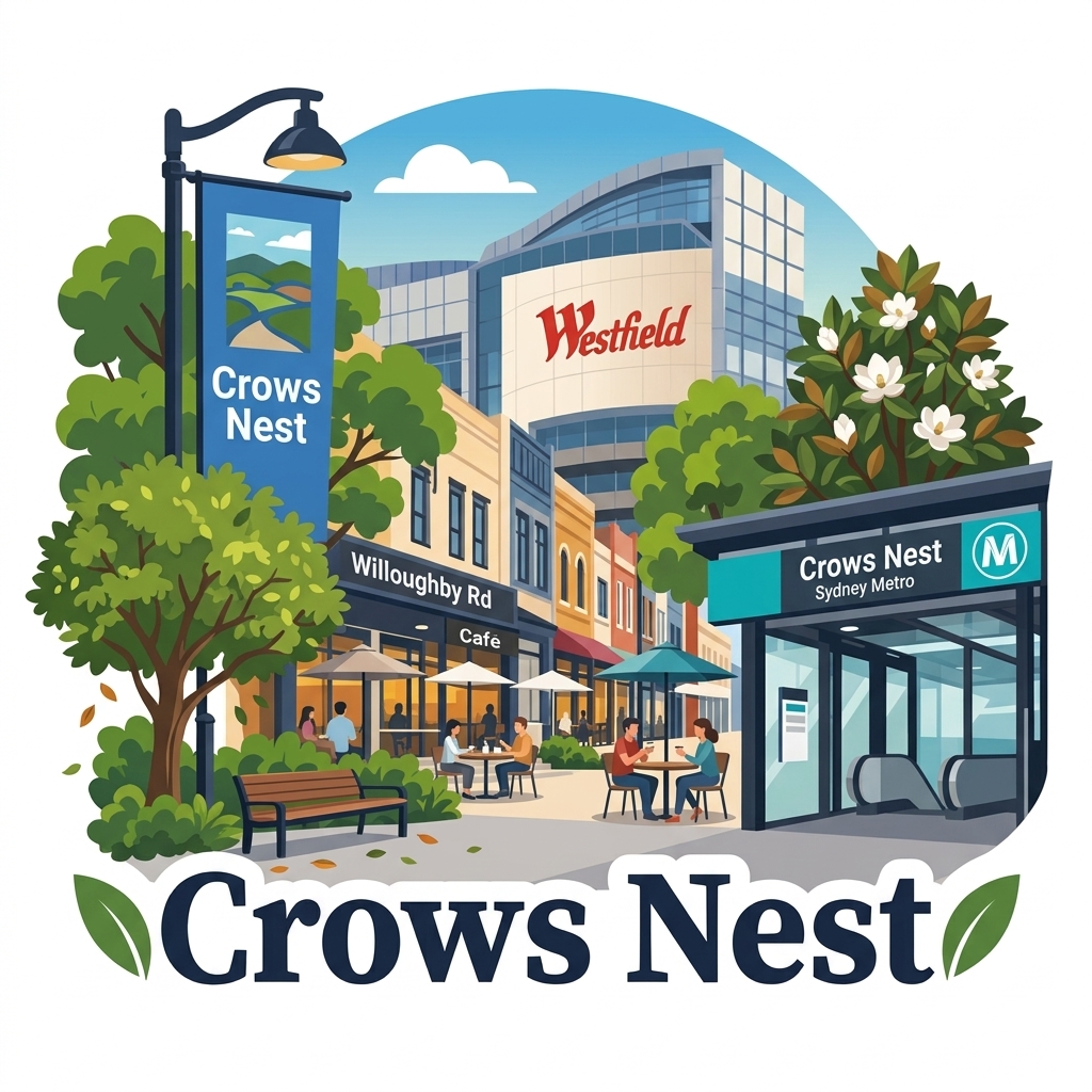 Crows Nest daytime vector landmark emblem featuring Willoughby Road cafe strip, Crows Nest Sydney Metro station entrance with turquoise M logo, and alfresco dining