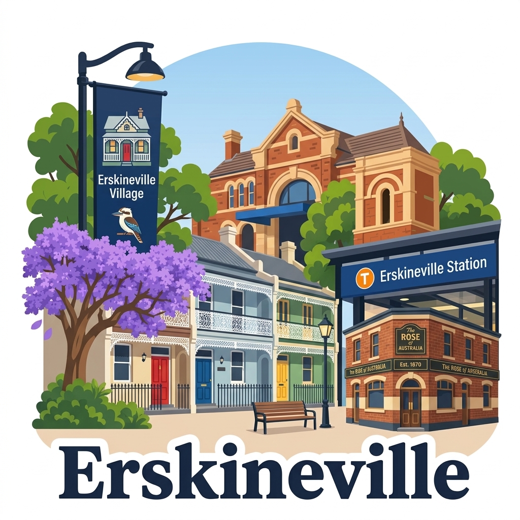 Erskineville daytime vector landmark emblem featuring Erskineville Road village shops, Rose of Australia heritage pub, Victorian worker cottages, and train station