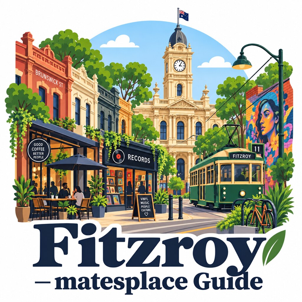Fitzroy, Victoria daytime illustrated suburb emblem with Brunswick Street, Town Hall, Street art, Independent cafes