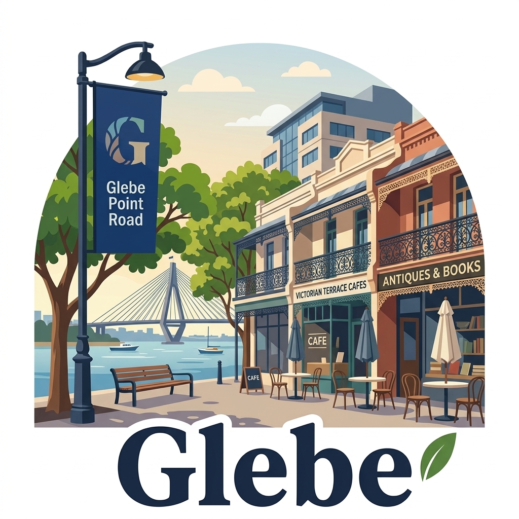 Glebe daytime vector landmark emblem featuring Glebe Point Road Victorian terrace cafes with ornate iron lacework verandas, and Anzac Bridge over Blackwattle Bay