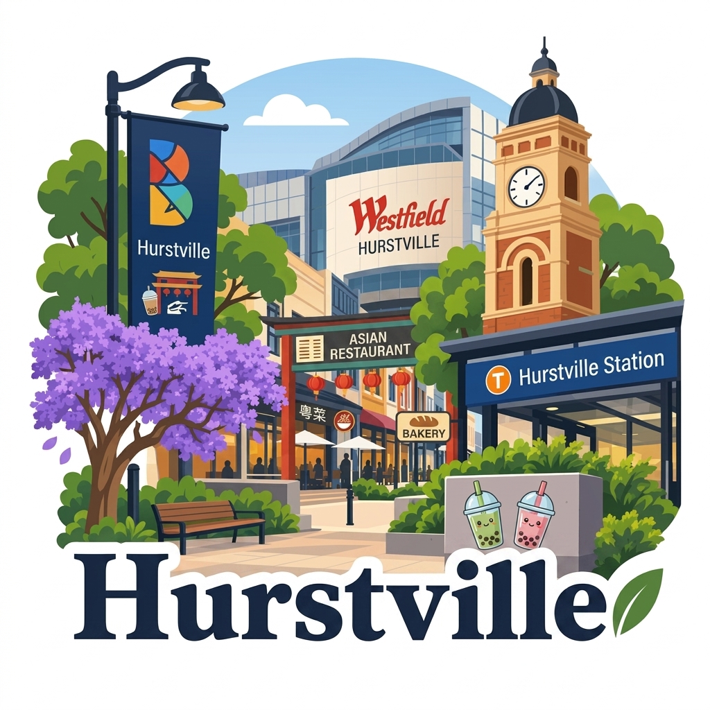 Hurstville daytime vector landmark emblem featuring Forest Road multicultural dining, Westfield Hurstville entrance, Sydney Trains interchange station, clock tower, and jacarandas