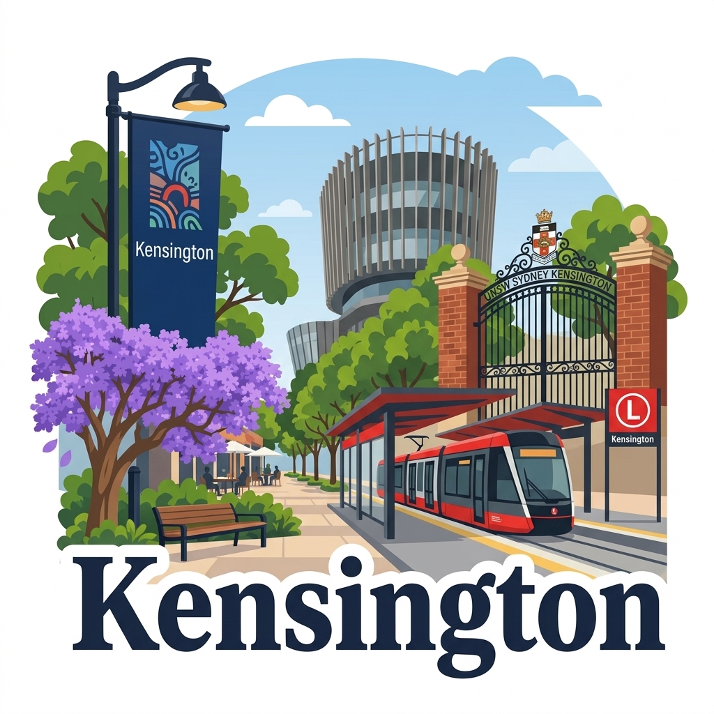 Kensington daytime vector landmark emblem featuring Anzac Parade boulevard, UNSW Sydney Kensington campus historic gate and Scientia building, Sydney Light Rail stop with L logo, and blooming jacarandas