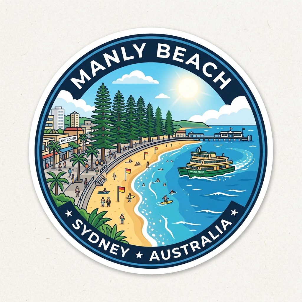Manly Beach daytime vector landmark emblem featuring iconic green and yellow Manly Ferry, Norfolk Island pines, The Corso, and ocean beach