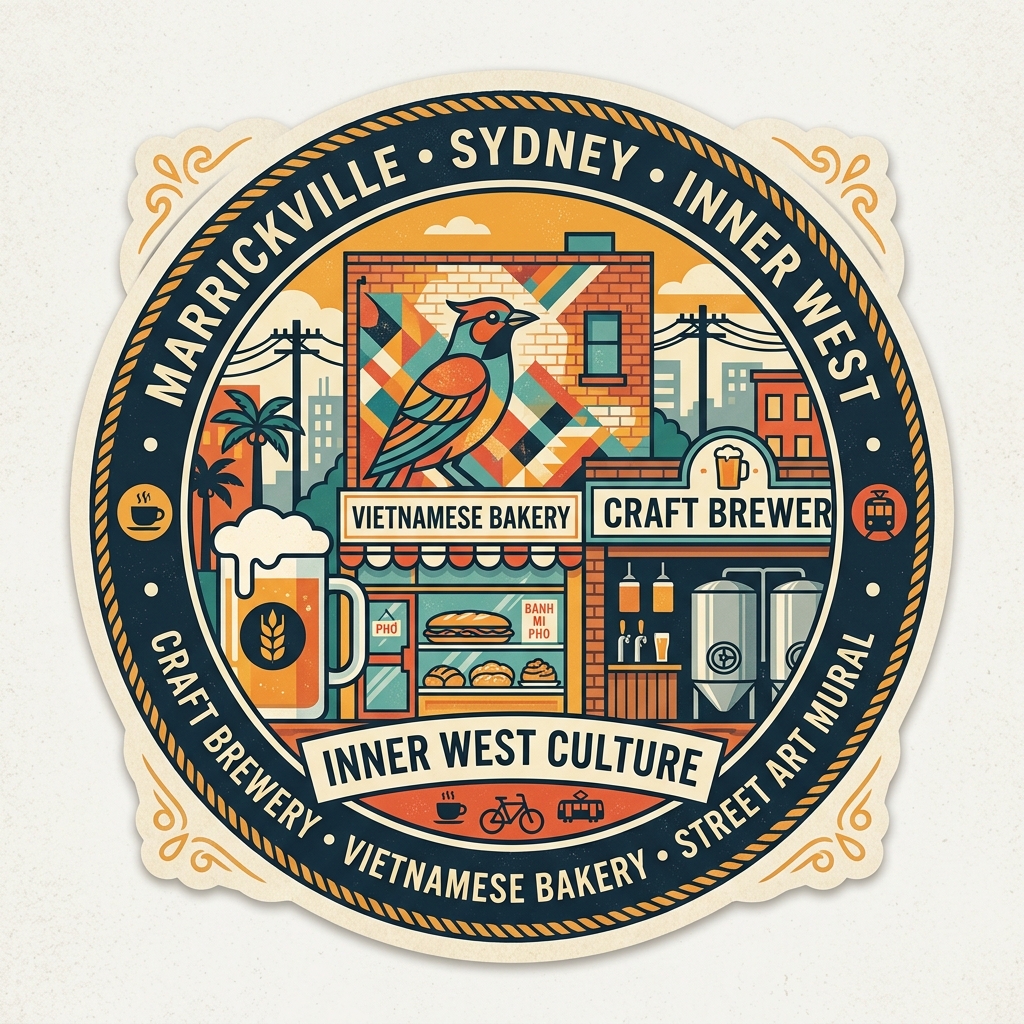 Marrickville daytime vector landmark emblem featuring craft brewery, traditional Vietnamese bakery, and vibrant community street murals