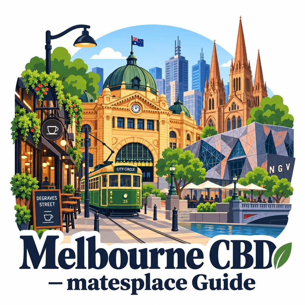 Melbourne CBD, Victoria daytime illustrated suburb emblem with Flinders Street Station, Federation Square, St Paul’s Cathedral, Degraves Street