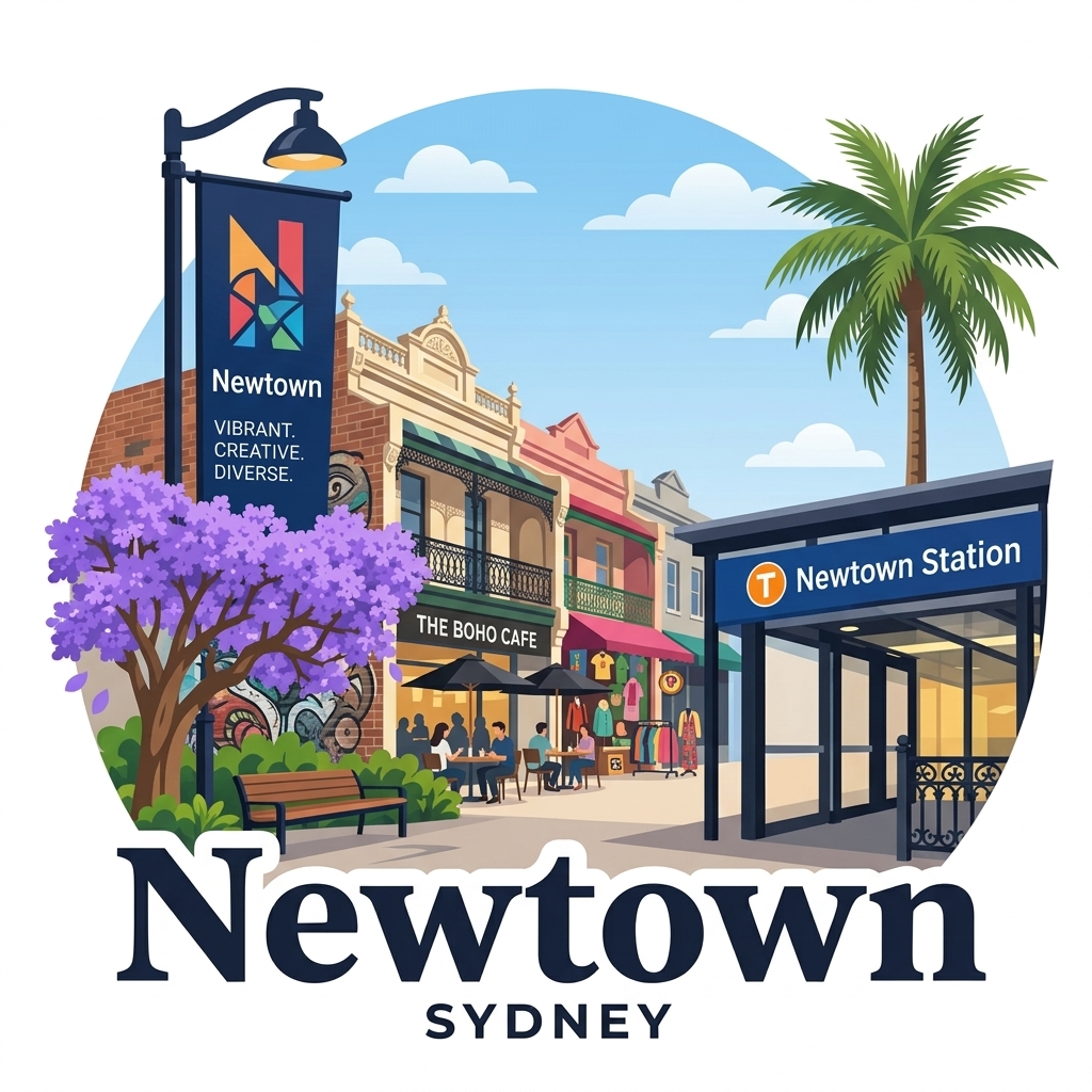 Newtown daytime vector landmark emblem featuring Enmore Theatre art deco facade, King Street Victorian terrace houses, and street murals