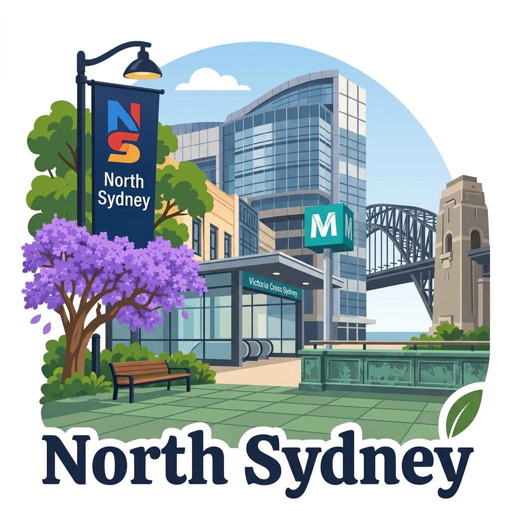 North Sydney daytime vector landmark emblem featuring Victoria Cross Sydney Metro entrance with turquoise M logo, glass office towers, and Harbour Bridge approach