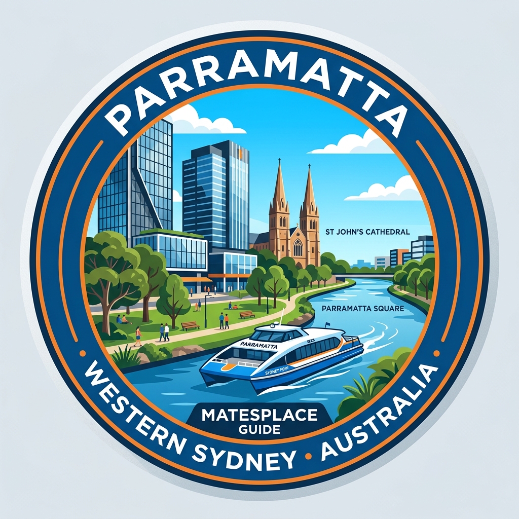 Parramatta daytime vector landmark emblem featuring Parramatta River ferry wharf, historic Old Government House gatehouse, and modern skyline