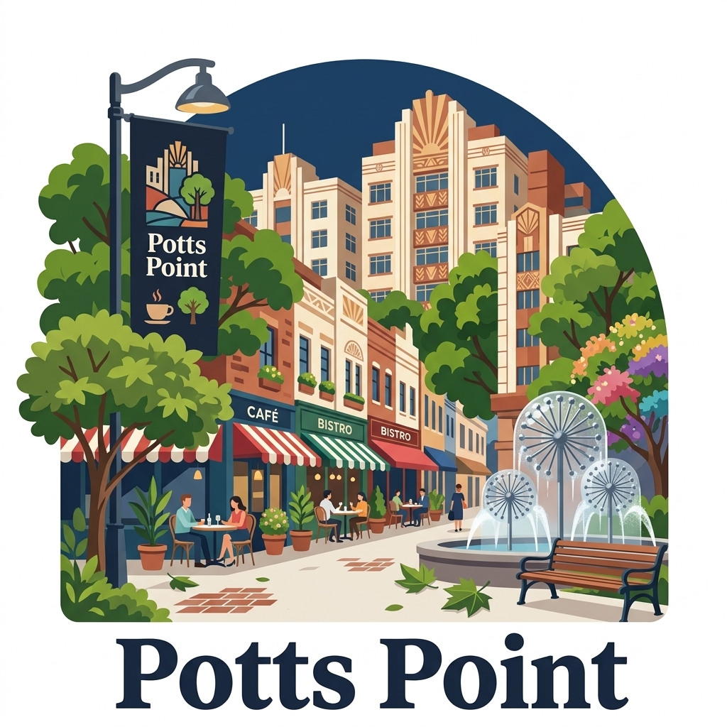Potts Point daytime vector landmark emblem featuring El Alamein dandelion spray fountain, Macleay Street art deco apartment towers, and Parisian cafe awnings