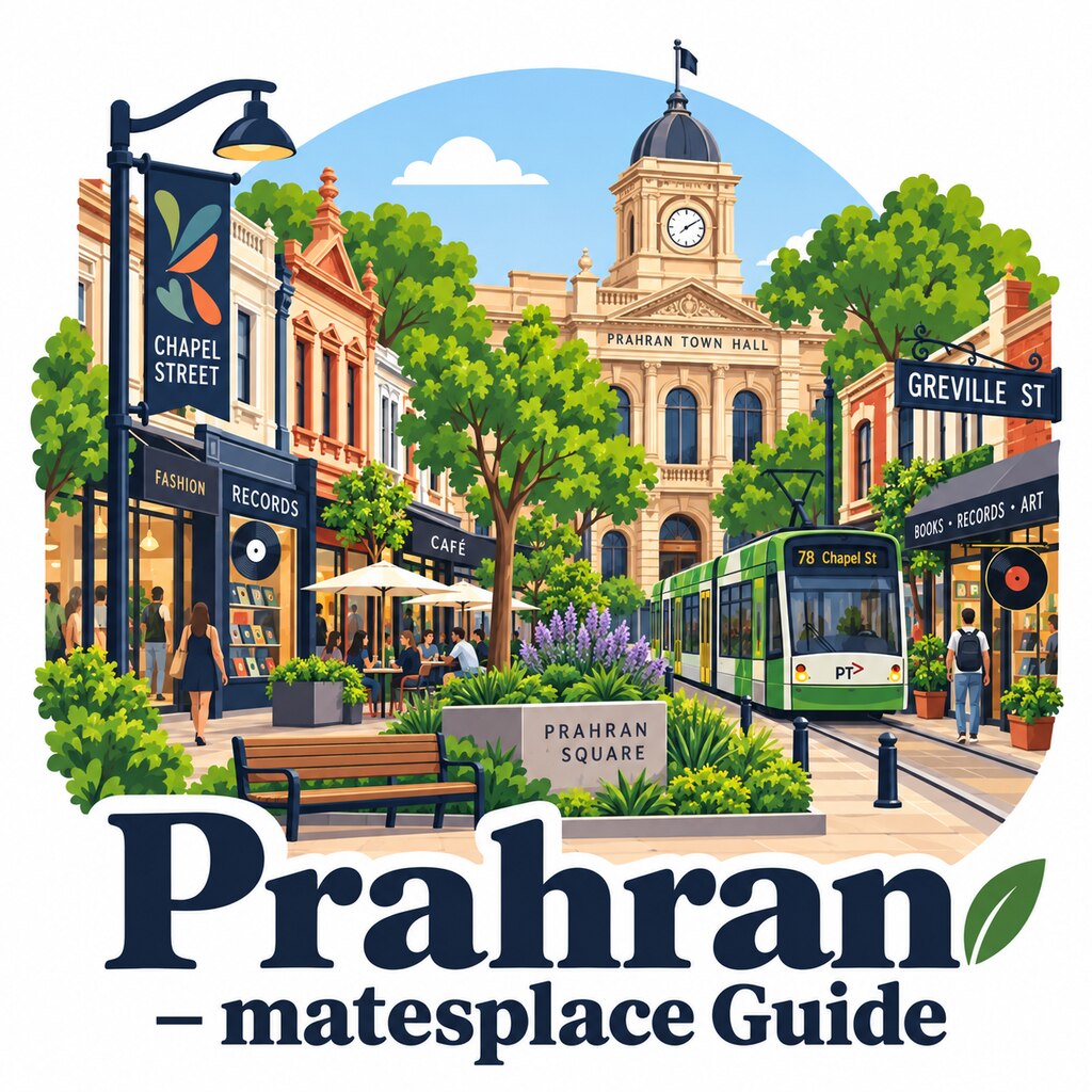 Prahran, Victoria daytime illustrated suburb emblem with Prahran Town Hall, Prahran Square, Greville Street, Chapel Street