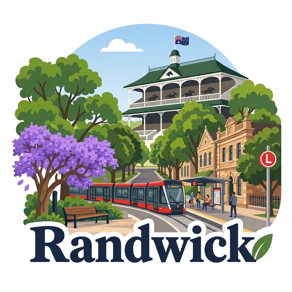 Randwick daytime vector landmark emblem featuring Royal Randwick Racecourse grandstand, Sydney Light Rail stop with red L logo, and heritage sandstone buildings