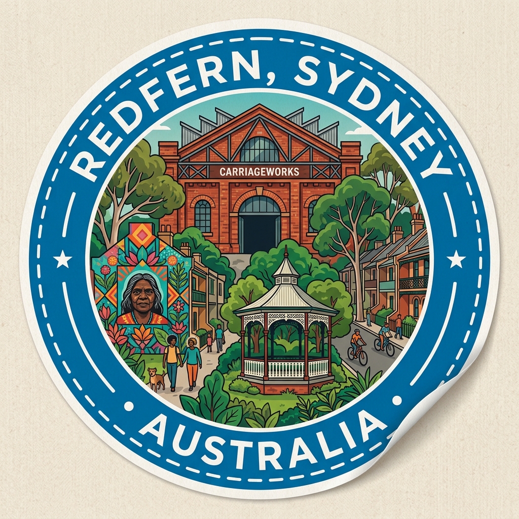 Redfern daytime vector landmark emblem featuring Carriageworks historic railway workshops, Redfern Park Victorian bandstand, and community mural