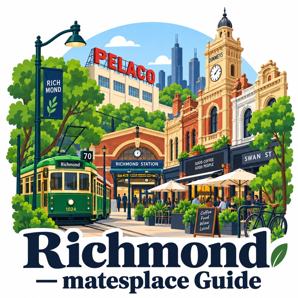 Richmond, Victoria daytime illustrated suburb emblem with Dimmeys heritage clock tower, Pelaco sign, Swan Street, Richmond Station