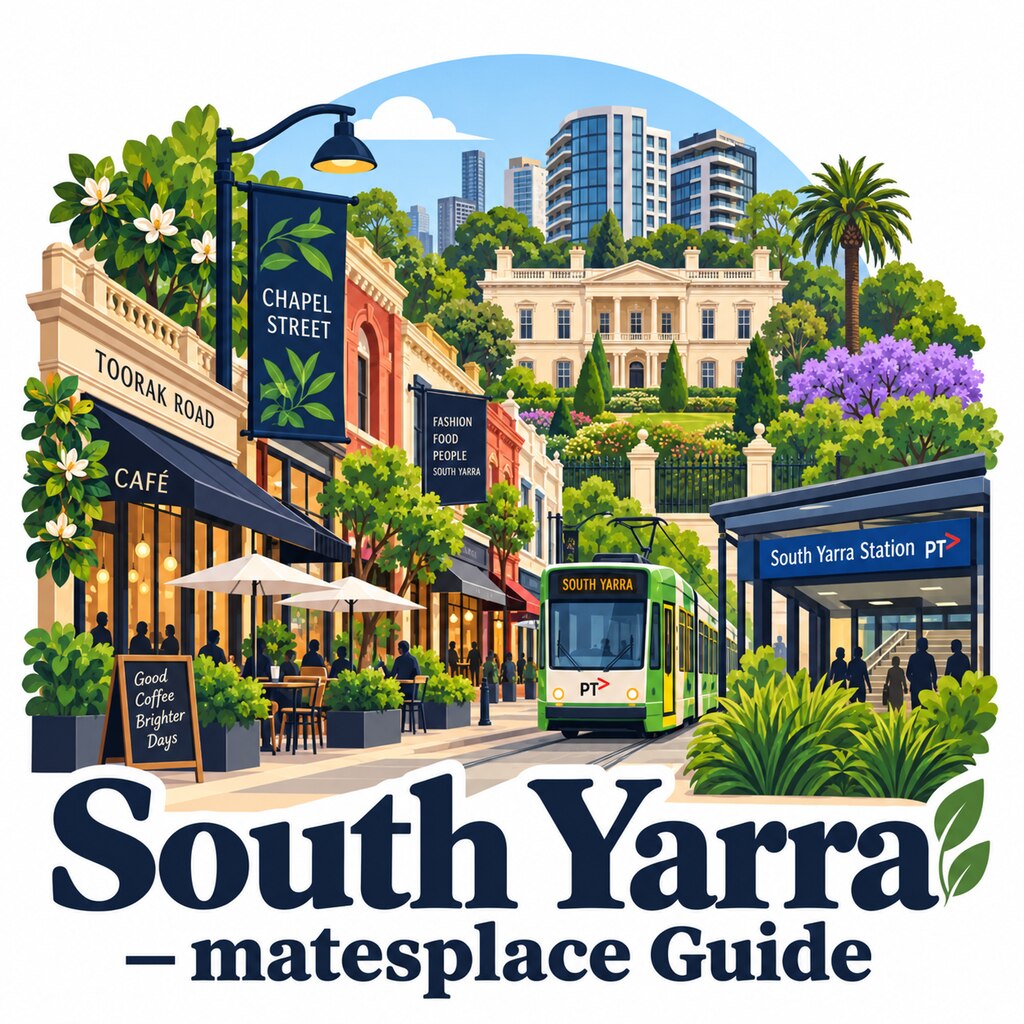 South Yarra, Victoria daytime illustrated suburb emblem with Como House, Toorak Road, Chapel Street, South Yarra Station