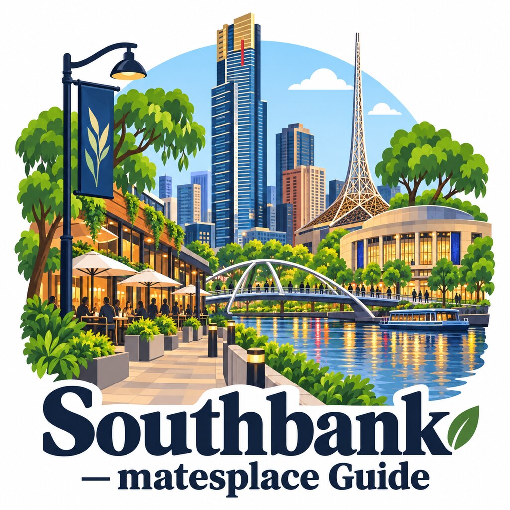 Southbank, Victoria daytime illustrated suburb emblem with Eureka Tower, Arts Centre spire, Hamer Hall, Yarra promenade