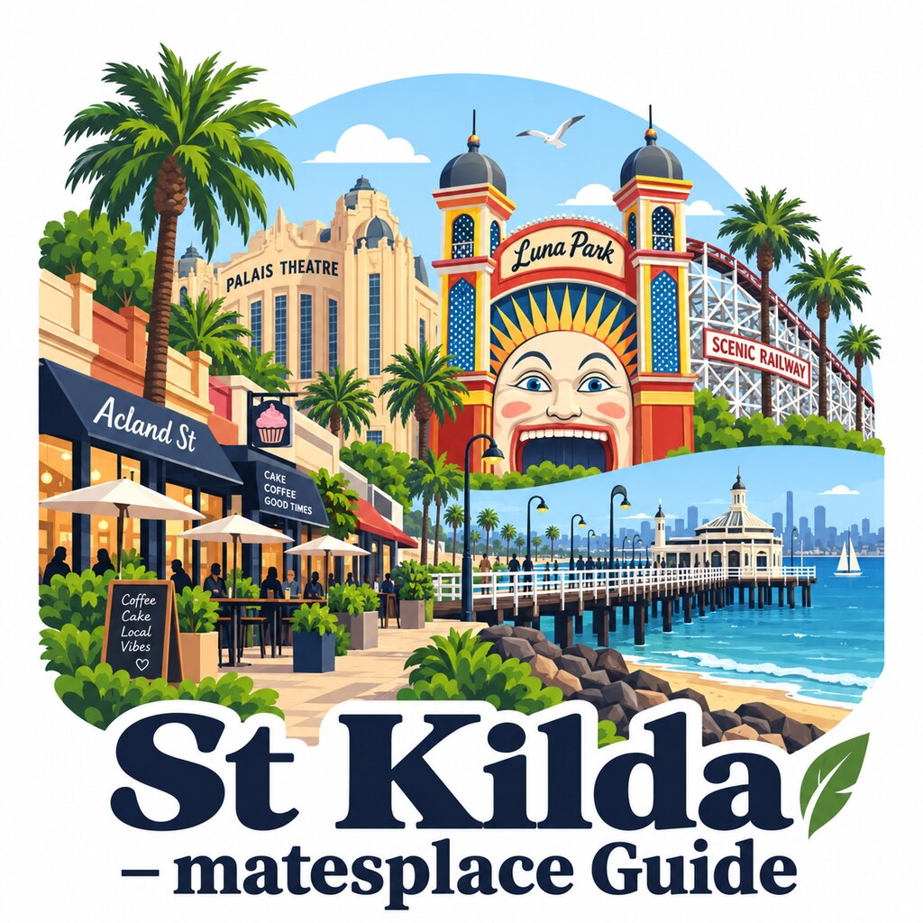 St Kilda, Victoria daytime illustrated suburb emblem with Luna Park, Palais Theatre, St Kilda Pier, Acland Street