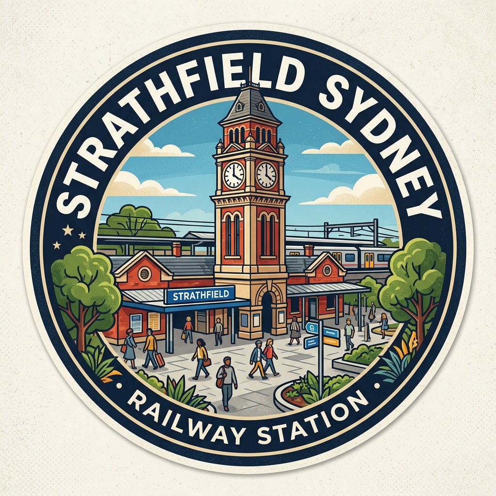 Strathfield daytime vector landmark emblem featuring Strathfield Railway Station grand clock tower, commuter trains, and dining plaza