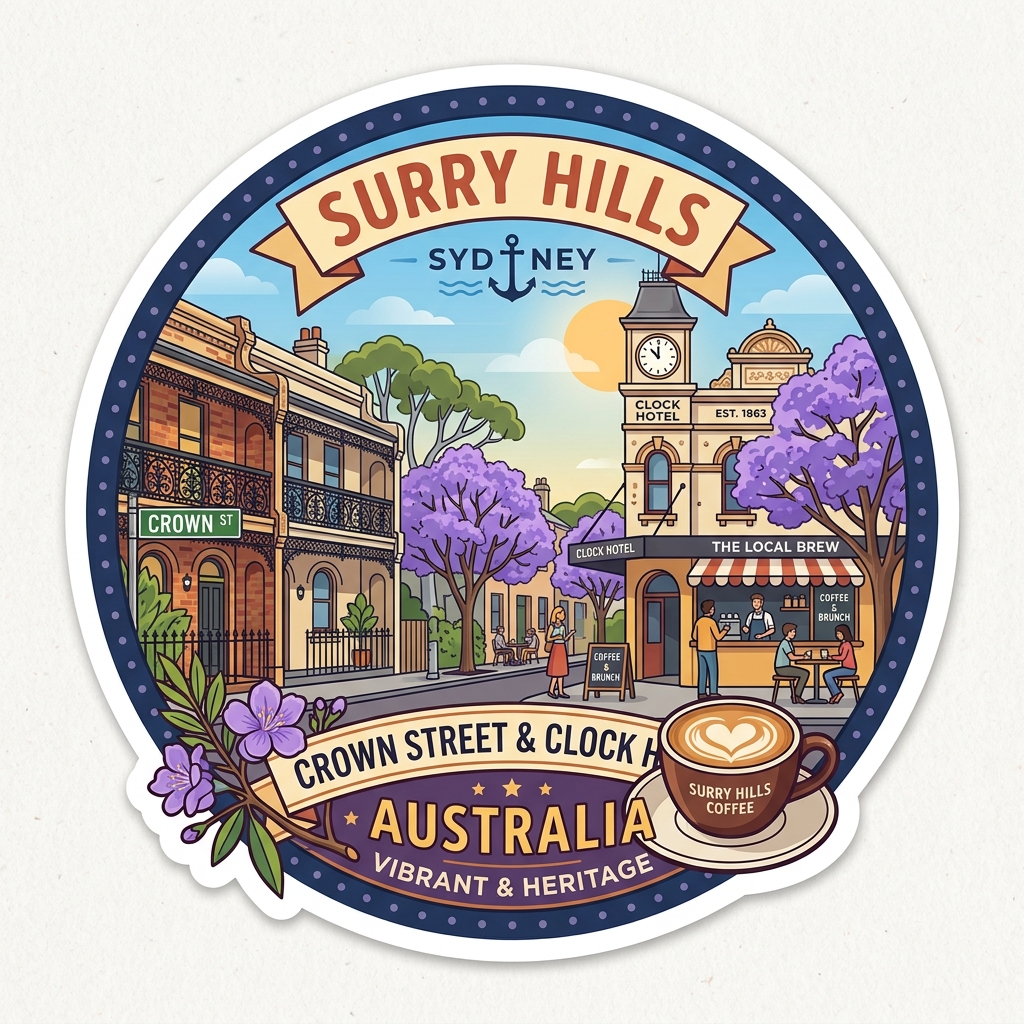 Surry Hills daytime vector landmark emblem featuring Crown Street Victorian lace terraces, Clock Hotel heritage pub, and coffee roastery