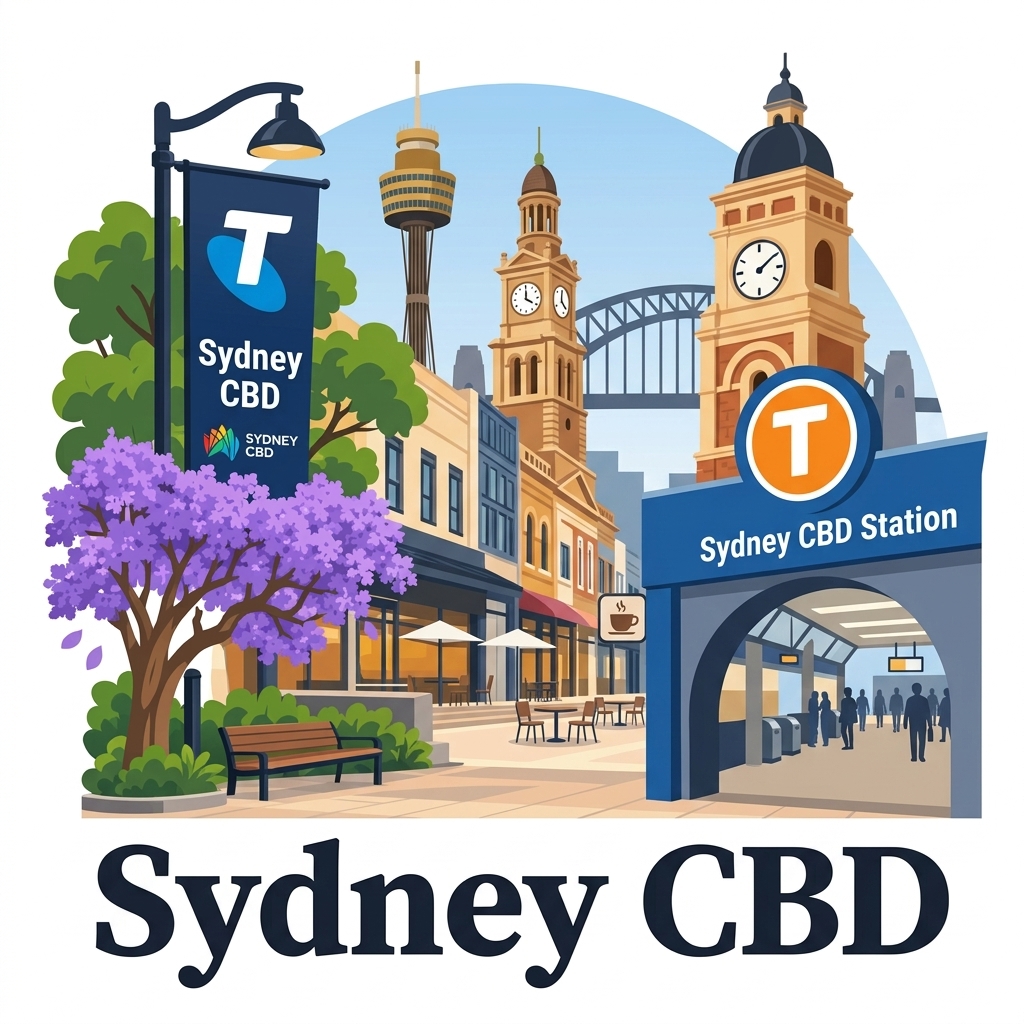 Sydney CBD daytime vector landmark emblem featuring Sydney Harbour Bridge, Sydney Tower Eye, Town Hall clock tower, Sydney Trains Station entrance, and blooming jacarandas