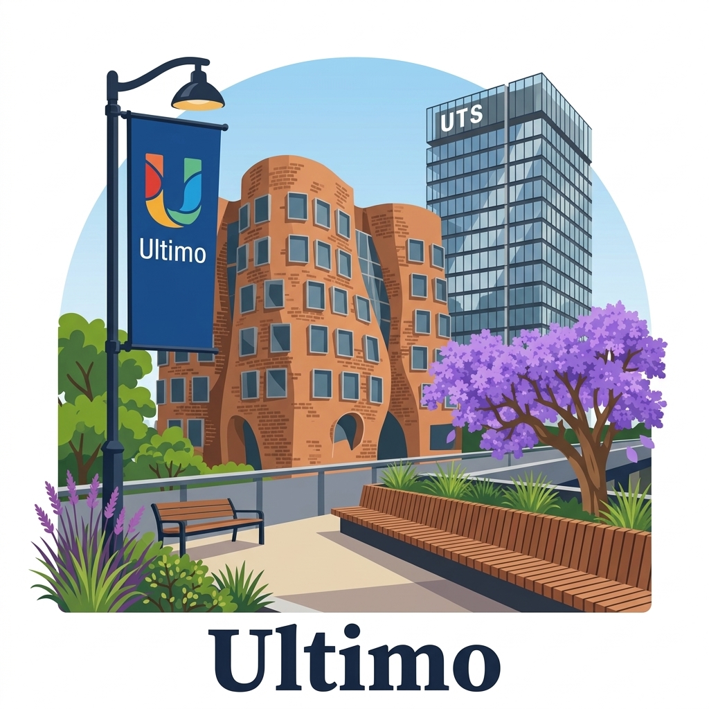 Ultimo daytime vector landmark emblem featuring UTS Frank Gehry undulating brick building, UTS glass tower, The Goods Line elevated park walkway, and jacarandas